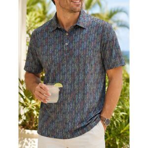 Chase 54 Pineapple Print Golf Polo Shirt Large Stretch Tropical Blue